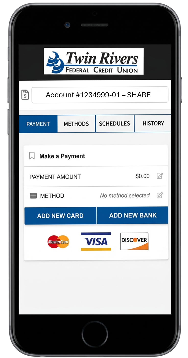 Mobile payment portal showing saved payment methods and options to add a card or bank account