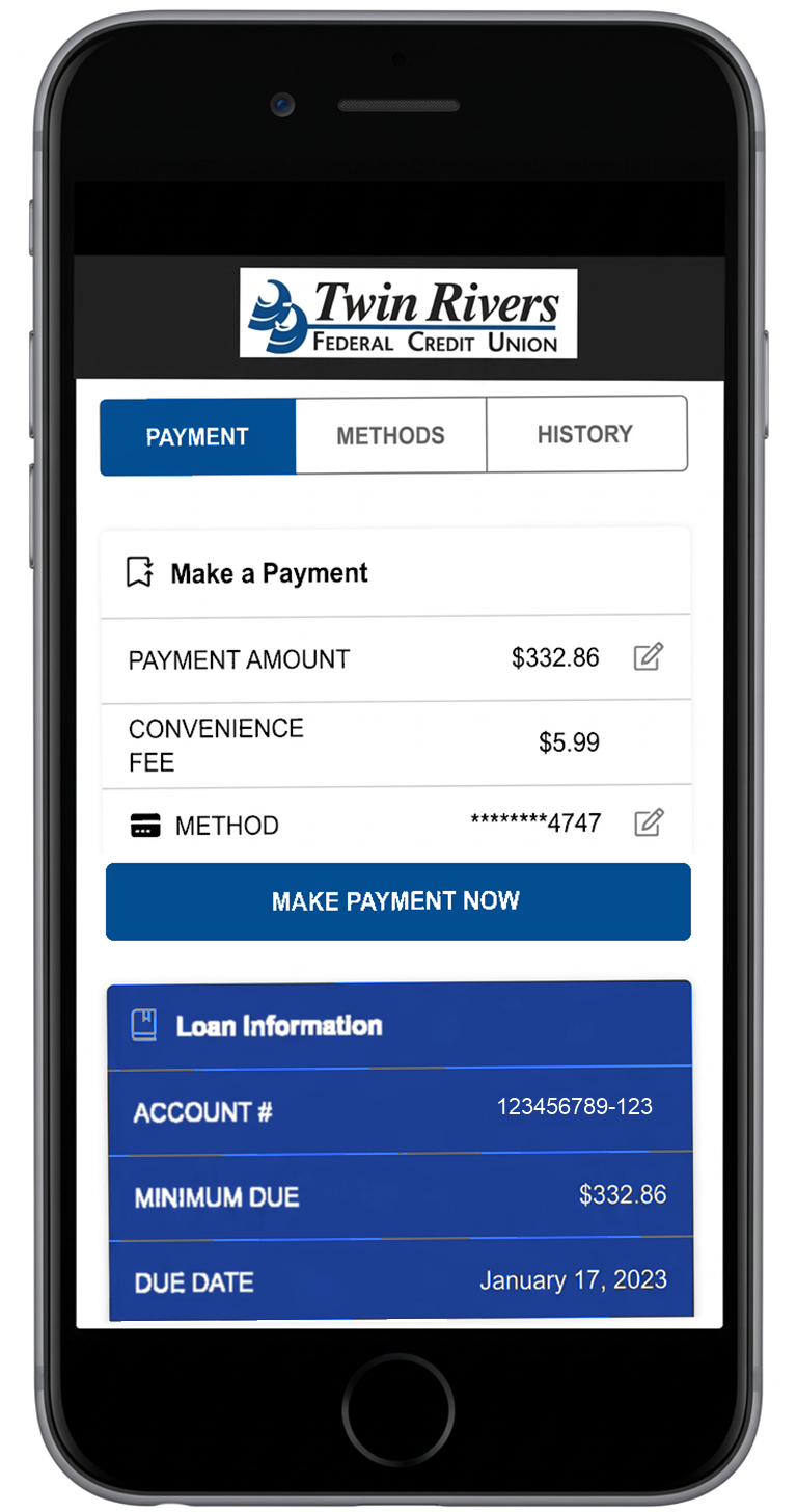 Mobile payment portal showing payment amount, convenience fee, and make payment button